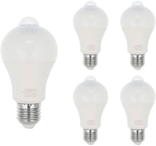 Vijf Vito LED lampen met bewegingssensor, E27 fitting.