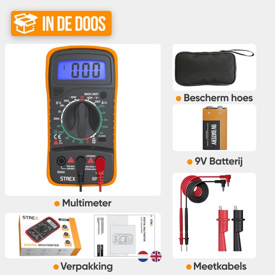 Strex Digitale Multimeter - AC / DC - Incl. 9V Batterij, Klemtangen & Opberghoes - Spanningsmeter