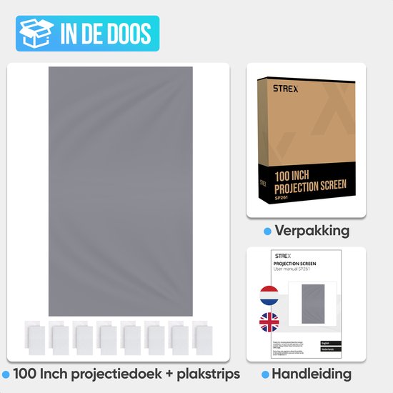 Strex Projectiescherm 100 Inch 16:9 - 220x120 cm - Beamer Scherm / Beamerdoek - 160° Kijkhoek - Incl. Ophangsysteem