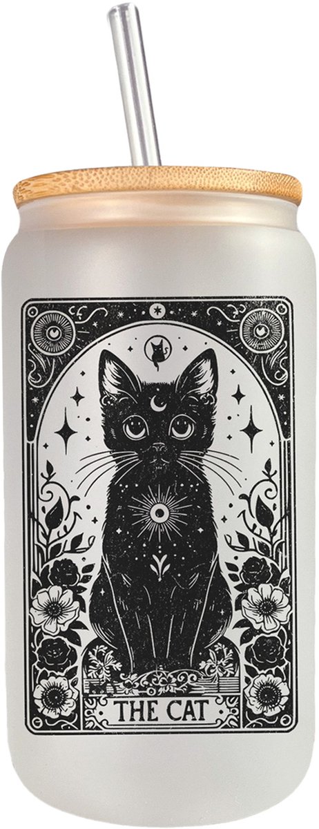 Tarot The Cat Glazen Drinkbeker met Glazen Rietje en Deksel - Bubble Tea - Koffiebeker - Koffieglas - Koffie glas - 500ml ijskoffie beker - Koffie beker - Mason Jar - Boba - Theebeker - Thee beker - Glazen Drinkbeker - Ijskoffie glas