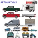 Grafische weergave van SparkMoto toepassingen met diverse auto's en aanhangers in verschillende configuraties.