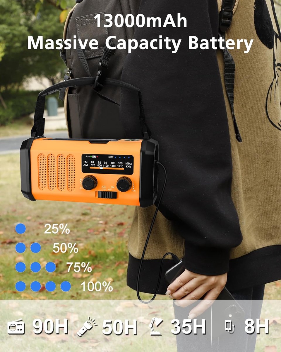 Noodradio op Zonne-energie met 48.100 mWh Powerbank – Hand Crank AM/FM Radio, Zaklamp & Leeslamp, USB-Oplader, SOS-Alarm en Kompas – Draagbaar voor Camping & Noodsituaties – foto 4
