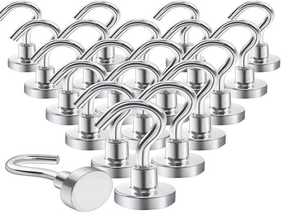 Akerz, Crochets magnétiques extra forts, 10 kg, aimants néodyme avec crochets, 21 pièces, crochets magnétiques, sans poinçon, pour portes en fer, réfrigérateurs, cuisines, portant à vêtements, bureau, crochets magnétiques, argent,