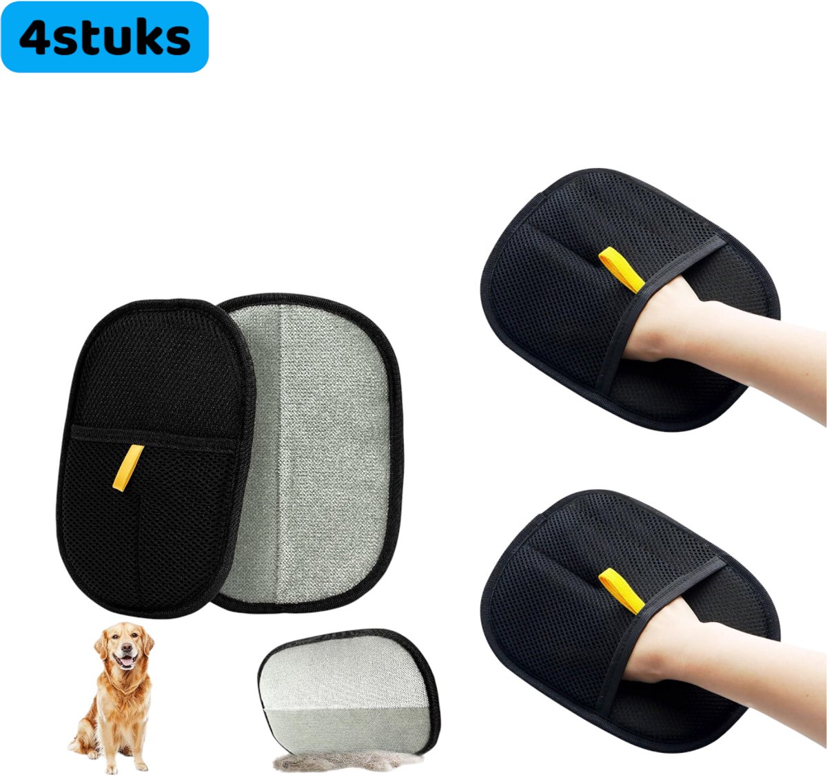 4 stuks - Handschoenen - Statische Haren Verwijderaar Handschoen - Extra groot en dik - Voor het verwijderen van dierenharen van meubels en kleding - Geschikt voor katten en honden - Herbruikbaar - Zwart