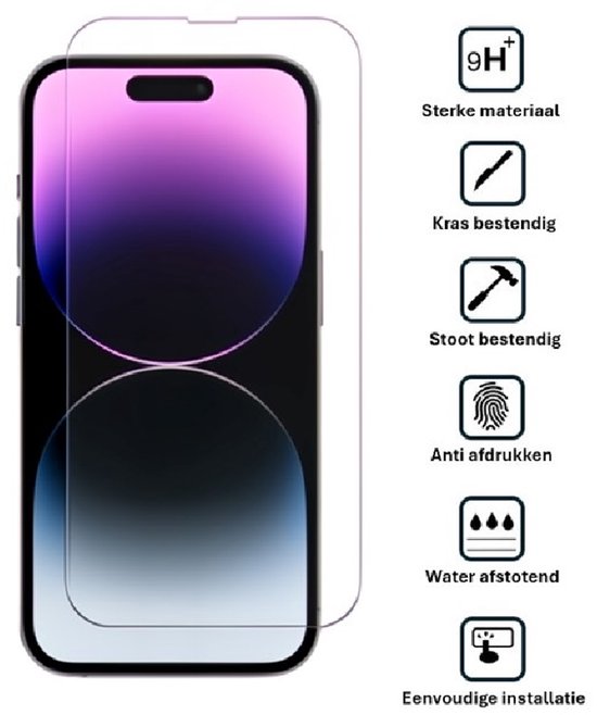 Kbstronics screenprotector op een telefoon met paars-blauwe wallpaper en iconen.