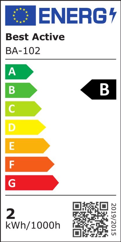 Energieklasse label met de tekst Best Active BA-102, schaal A t/m G.