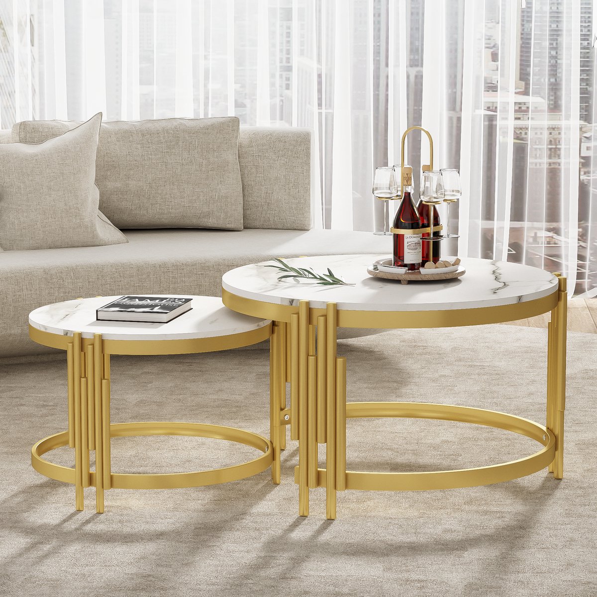 MODFU Modulair Salontafel Set - Marmoroptiek, Gouden Metaal, Ronde Tafels in Twee Groottes Antiek messing + wit