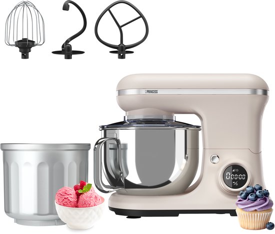 Princess 220138 2-in-1 Keukenmachine en IJsmachine in één - 1200W - 5 liter RVS mengkom - Gratis meegeleverde IJskom voor 1,4 liter ijs - Keukenrobot - Foodprocessor