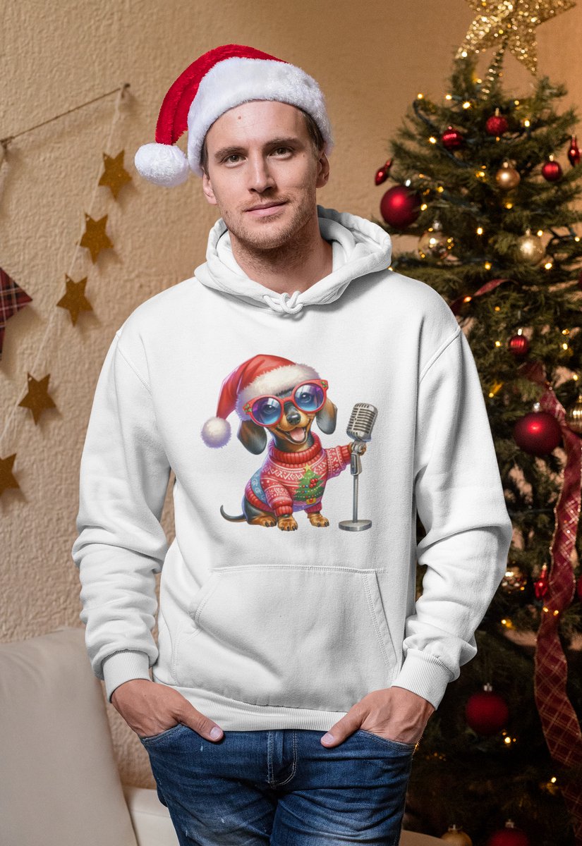 Singing Dog Santa - Kersttrui - Kerst Trui Wit - Grappig Kersttrui - Maat L - Limited Edition