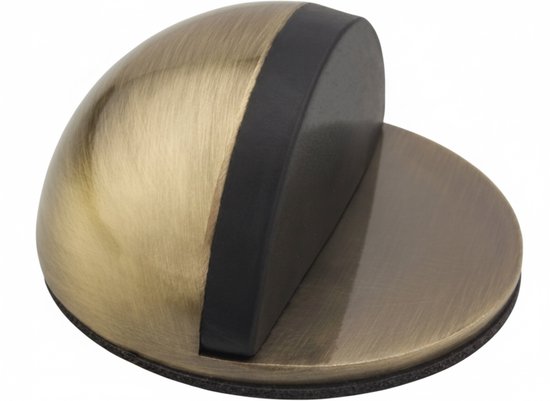 Antiek messing deurstopper met zwarte rubberen bumper.