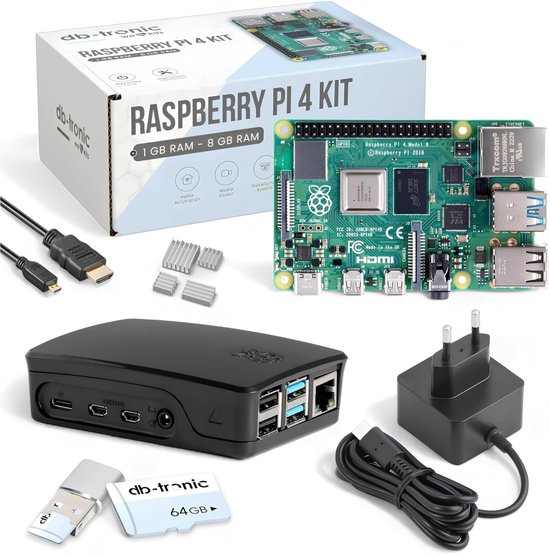 Raspberry Pi 4 2 GB Starterskit Zwart | Officiële voeding 15 W | Officiële behuizing | 64 GB-editie | 4K Micro HDMI-kabel | Koellichaamset