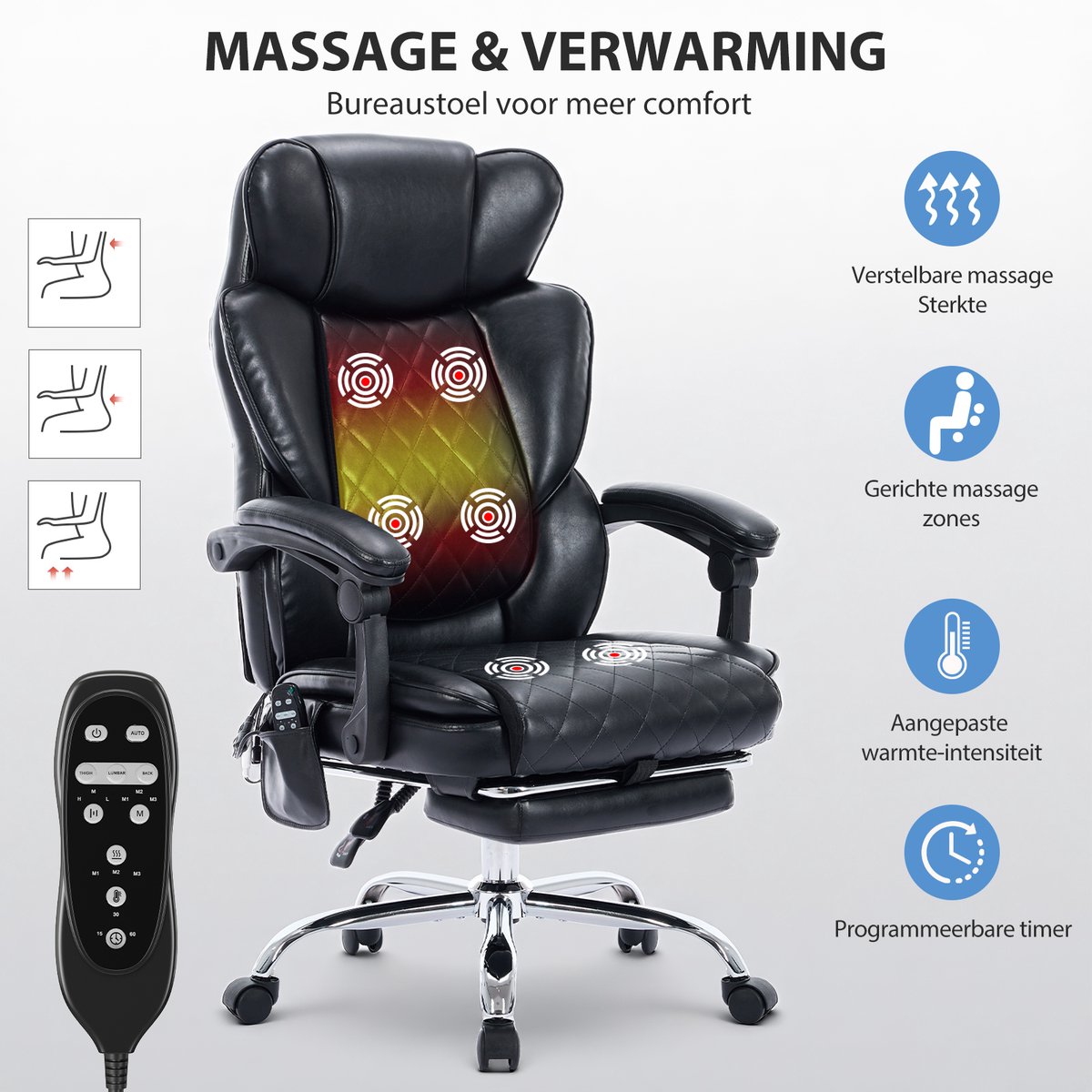 COLAMY Massagestoel bureaustoel met verwarming en 6 vibratiepunten, luxe computerstoel met voetsteun, 90-125° verstelbare hoge rugleuning voor comfortabel thuiswerken,zwart thumbnail 6