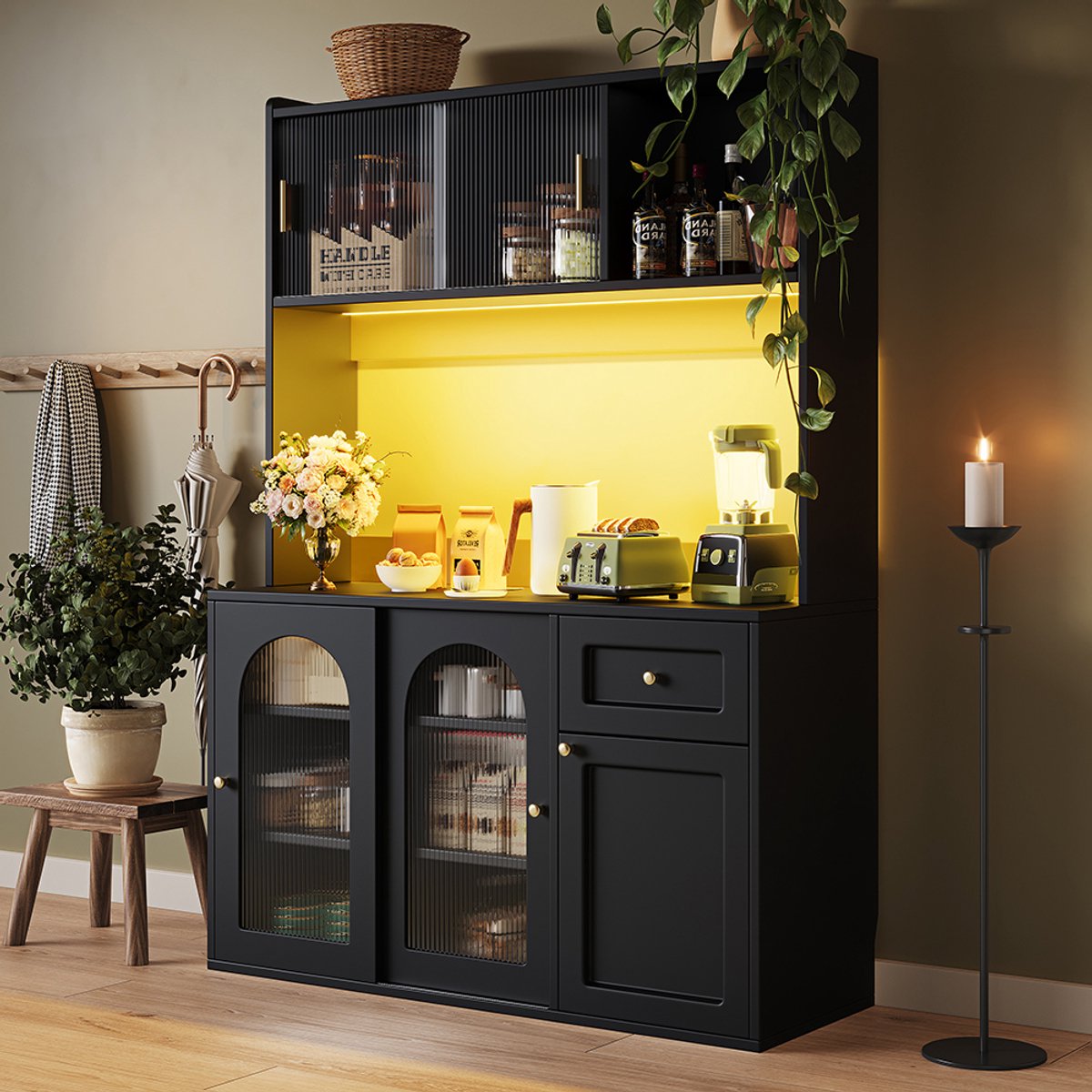 BLACKCOLORS - Keukenkast - Hoge Kast - Vitrinekast - Buffetkast met Verstelbare Planken - Eetkamerkast - Buffetkast met Ledverlichting - Zwart