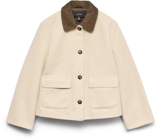 Veste courte beige en laine avec col, boutons et poches plaquées en velours côtelé marron.