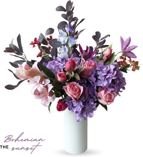 Mijn Bloem - Zijden Boeket - Paars/Roze met Rood - ± 80 cm - 15 stelen - Kunstbloemen - Nepbloemen - Valentijn & Moederdag Cadeau