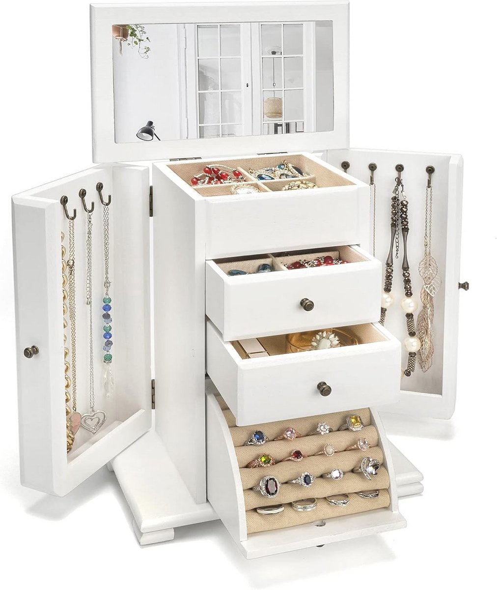 Houten Sieraadopbergbox met Spiegel - 4-laags Organizer voor Ringen, Oorbellen, Kettingen en Armbanden