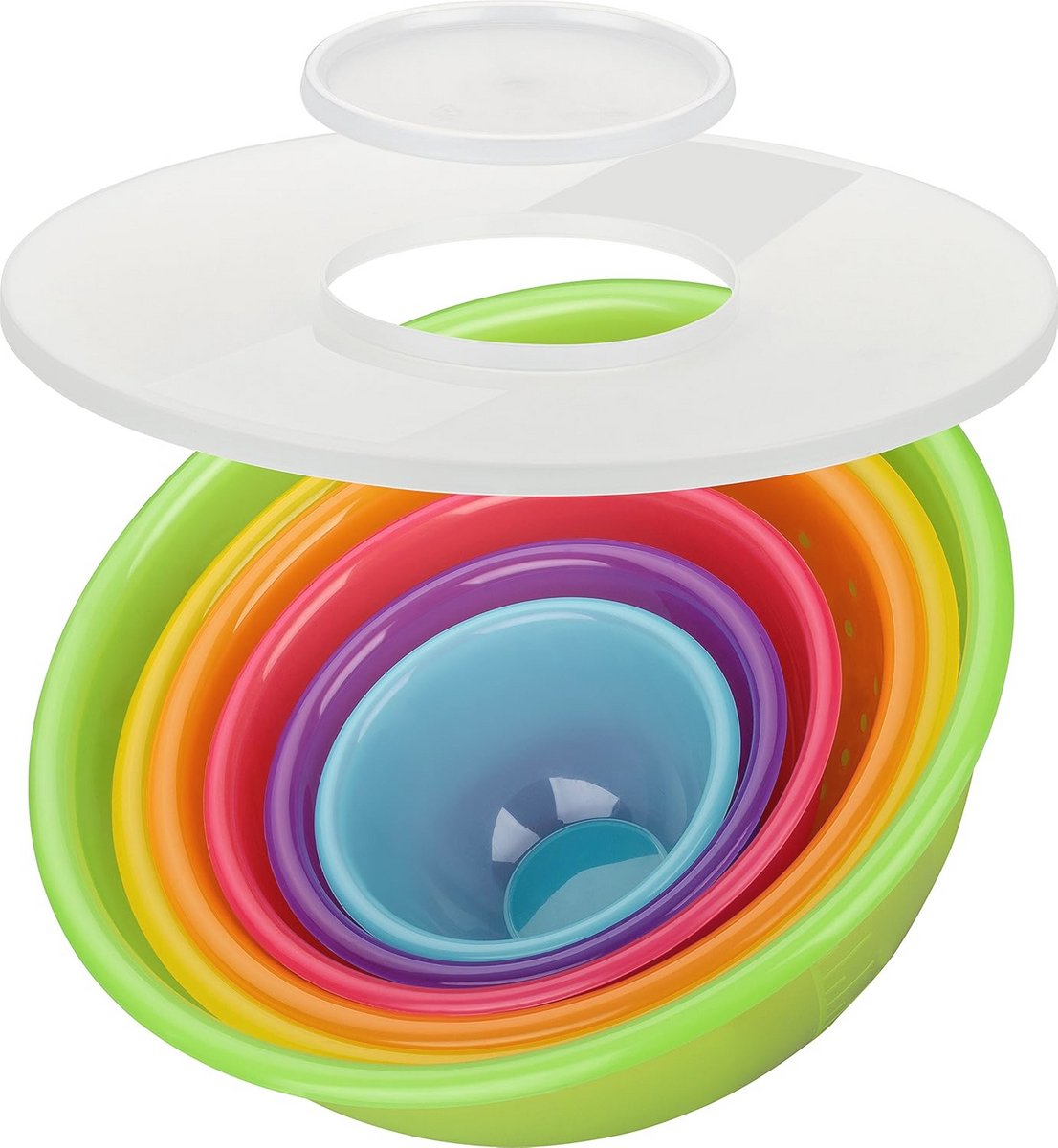 Vrolijke Rainbow mengkomset 8-delig met deksel en zeef - Ruimtebesparend en veelzijdig