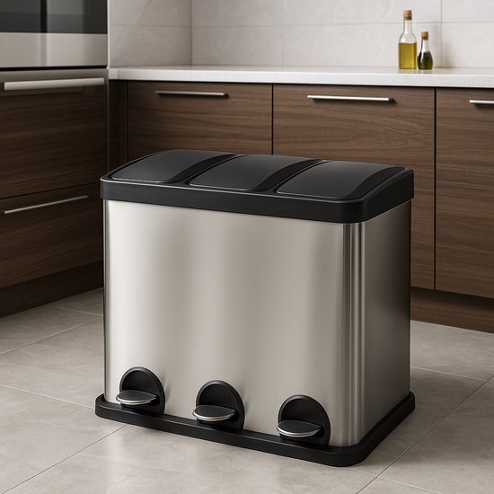 Amig - Triple pedal bin 45 liters - 3 removable compartments of 15 litres - Kitchen waste bin - Steel - 60 x 37 x 49 cm - Matt black