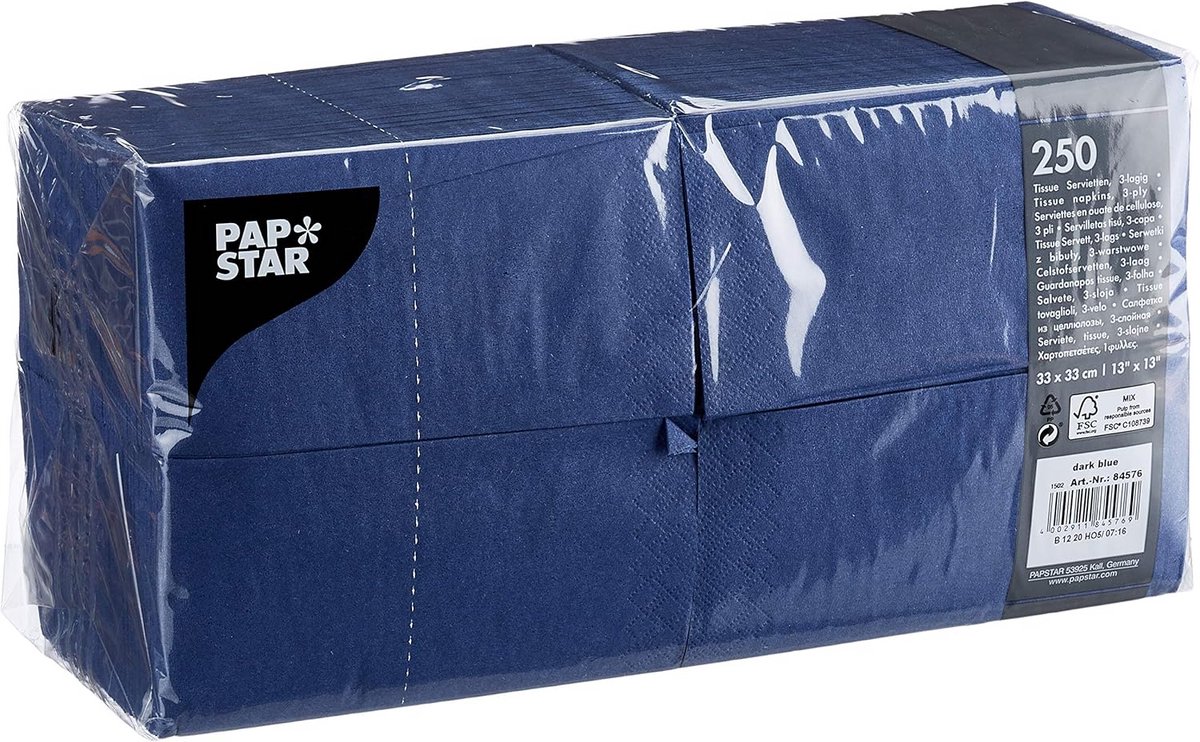 Set van 250 donkerblauwe servetten 3-laags 33x33 cm