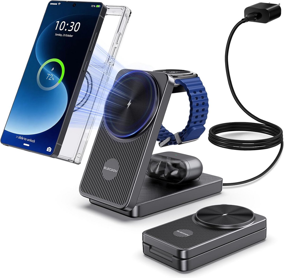 Draadloos Oplaadstation 3-in-1 voor Telefoon, Horloge en Oortjes