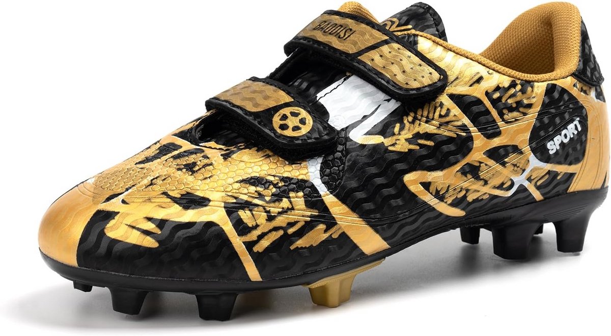 Ademende voetbalschoenen voor kinderen in zwart en goud, met antislip en comfortabele spikes, ideaal voor jonge spelers.