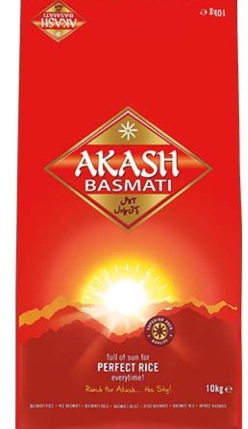 AKASH Basmati Rijst - Lange Korrel - Premium Kwaliteit - Grootverpakking 10 kg - Ideaal voor Curry en Pilau - 1 x 10kg met Kajal Sticker