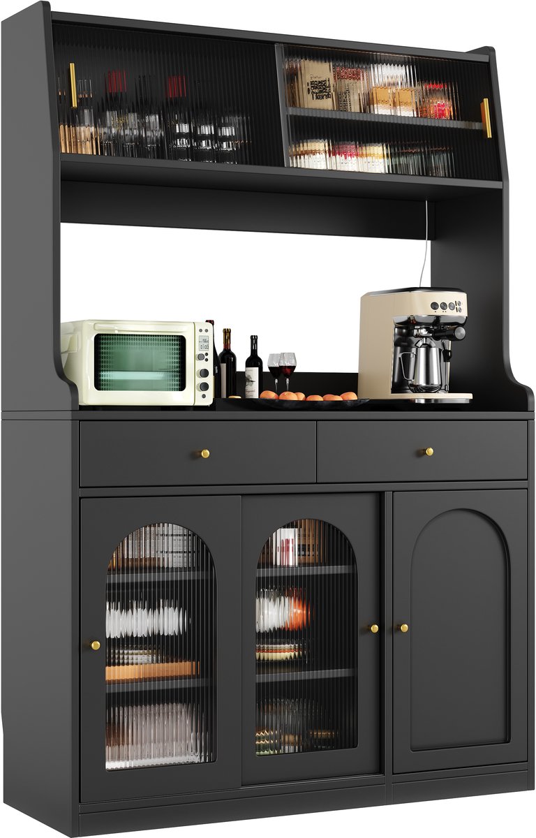Keukenkast, hoge kast, vitrinekast, dressoir met verstelbare planken, eetkamerkast met 2 lades, dressoir met ledverlichting, variabele lichtkleuren, zwart