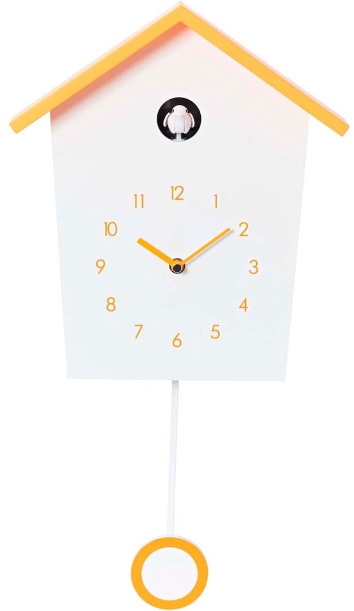 RVV® Koekoeksklok Modern - Wandklok - Uurwerk - Nachtstiltefunctie - Wit/Oranje - 47cm x 27cm x 8cm