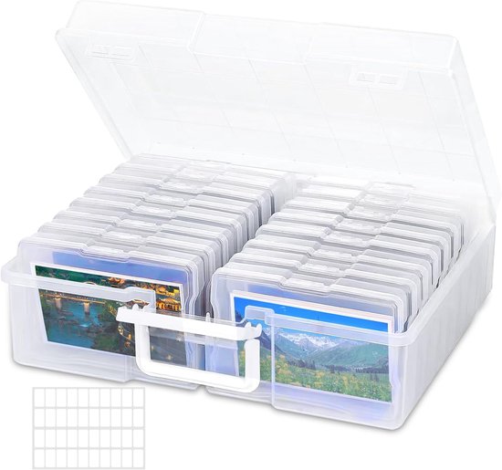 Boîte de rangement transparente à 16 compartiments, avec des photos et une feuille d'étiquettes.