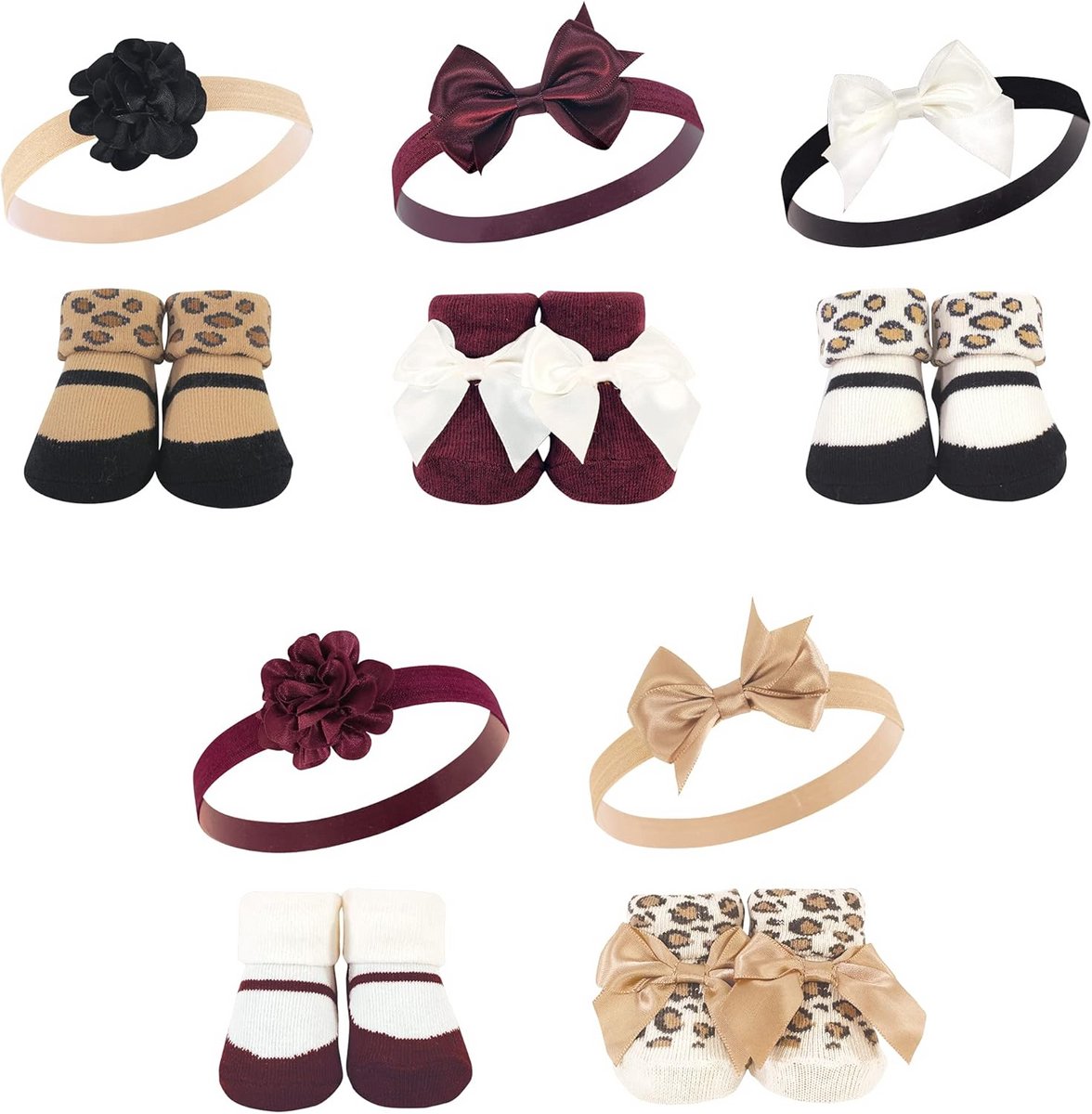 Baby Meisjes Hoofdband en Sokken Giftset - Bourgondië Leopard - One Size