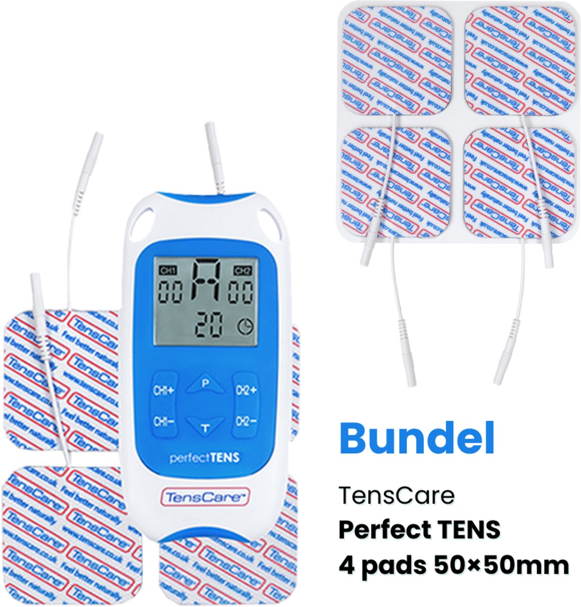 TensCare - Bundel Perfect TENS + 4 pads 50×50mm (1 set) | TENS apparaat | Pijnverlichting | Elektrodentherapie | electroden pads tens | elektrodenpads | Zelfklevende Elektroden Pads |