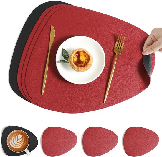 Ensemble 4 pièces de sets de table et dessous-de-verre, design recto-verso, antidérapant et imperméable, lavable, fabriqué en cuir, noir et rouge (4 sets de table et 4 dessous-de-verre)