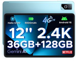 DOOGEE Tab G6 Pro – 12 inch tablet – 9000 mAh/18 W – 36 GB RAM + 128 GB ROM – Android 16 – Gemini AI – 2,4K 90 Hz IPS – Helio G100-chipset – 4G LTE – wifi – dubbele luidsprekers – Face ID