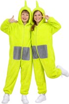 Twee kinderen in lichtgroene onesies met capuchon en grijze zakken