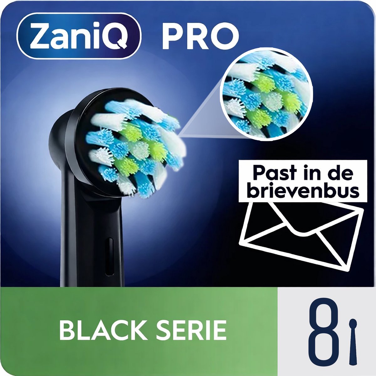ZaniQ – Pro Black Serie – Opzetborstels 8 stuks– Niet Geschikt voor iO - Zwart -Compatibel met handvatten waarop Oral-B Cross Action opzetborstels passen- Brievenbusverpakking