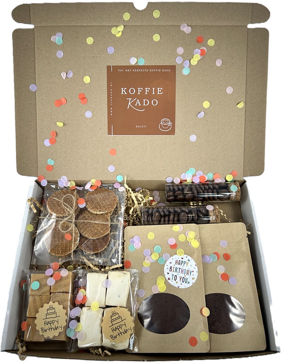 Birthday XL Koffie brievenbuscadeau - verjaardag - koffie - mokkaboontjes - noga - fudge - stroopwafels