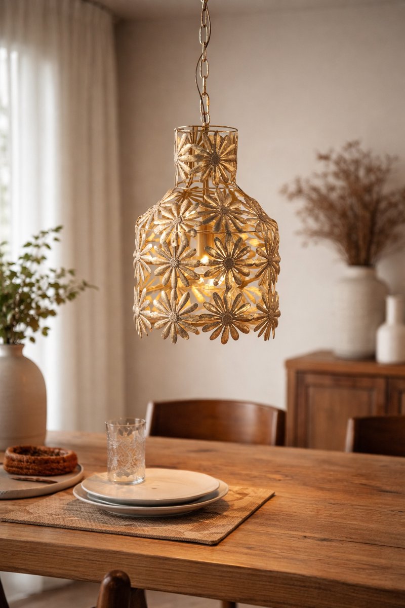PTMD Lunna Ronde Hanglamp Bloemen - H61 x Ø35 cm - Metaal - Goud