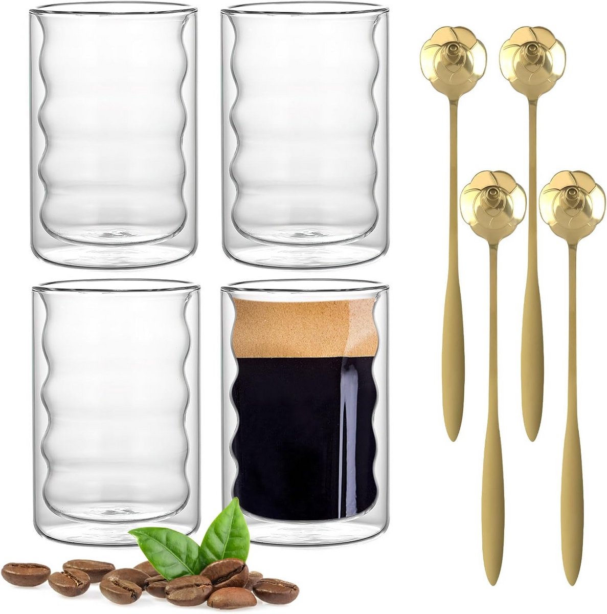Set van 4 dubbelwandige latte macchiato glazen van 350 ml met rozenlepels