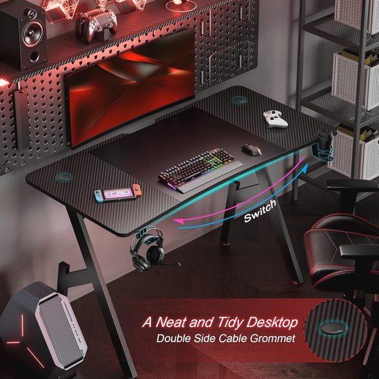 Ergonomisch Gamingbureau 140 x 60 cm met Bekerhouder en Hoofdtelefoonhaak - Zwart — afbeelding 2
