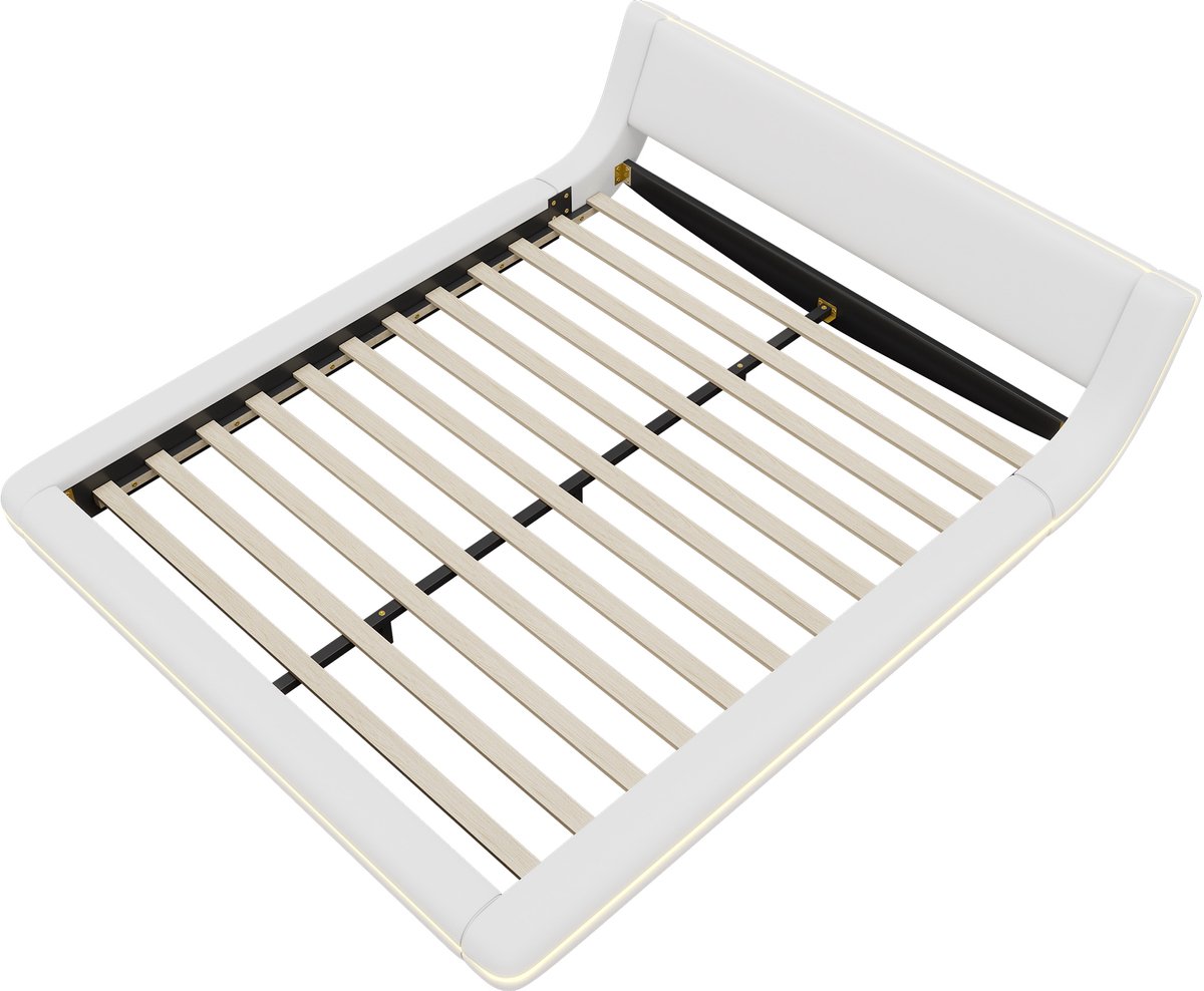 160*200cm vlak bed, vloerbed, PU, ​​LED-sfeerverlichting, wit