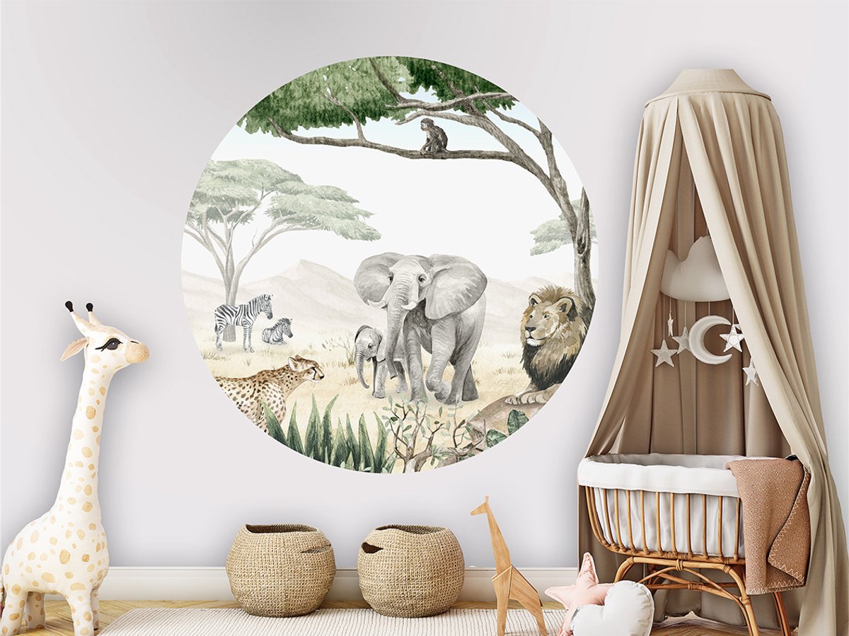 Muurcirkel - Kinderkamer - Wanddecoratie - Babykamer - Savanne - Dieren - ø 100 cm