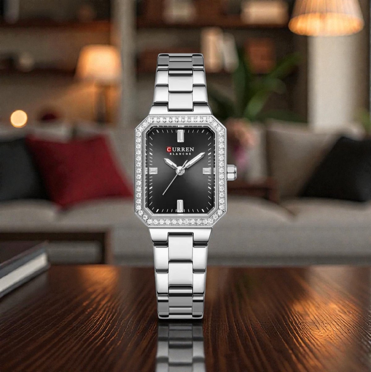 CURREN 9102 Zilverkleurig met Zwarte Wijzerplaat Dameshorloge met Kristalrand en Lichtgevende Wijzers