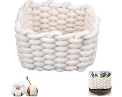 Cotton Storage Basket, White Braided Basket with Thick Yarn, Bathroom Organizer for Desk and Dressing Table, Changing Table, Cosmetics, Desktop - Small Storage Box