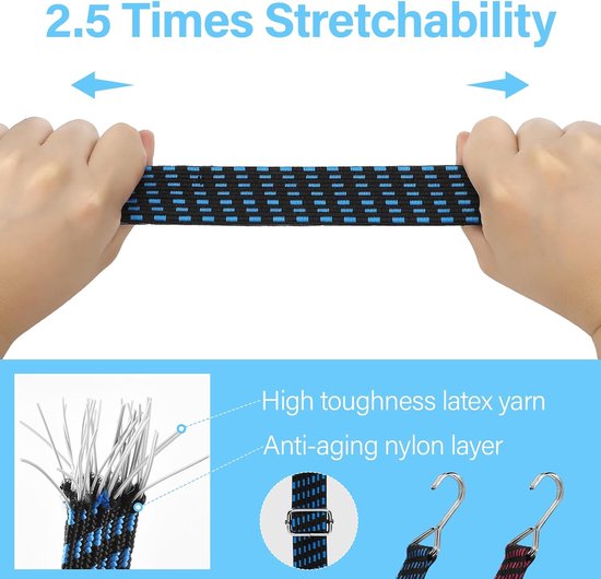 Elastisch touw, verstelbaar elastisch touw, elastisch touw met haak, plat elastisch touw, geschikt voor het vervoeren van goederen, fietsen, motoren, auto's, kamperen, enz., zwart, 1 meter. van Merkloos — afbeelding 4