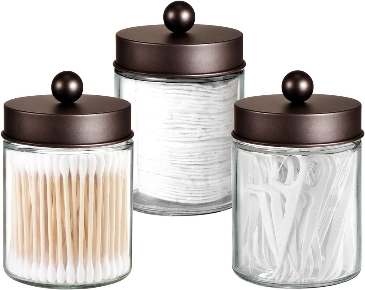 Set van 3 Glazen Potten met RVS Deksel voor Badkamer Organisatie