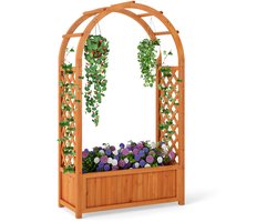 COSTWAY Bloembak met rankrooster, verhoogd bloembed met latwerk en gebogen dak, rozenboog met plantenbak en afvoergaten, plantenbak voor balkon, binnenplaats, tuin, hout, 83 x 36 x 146 cm, bruin
