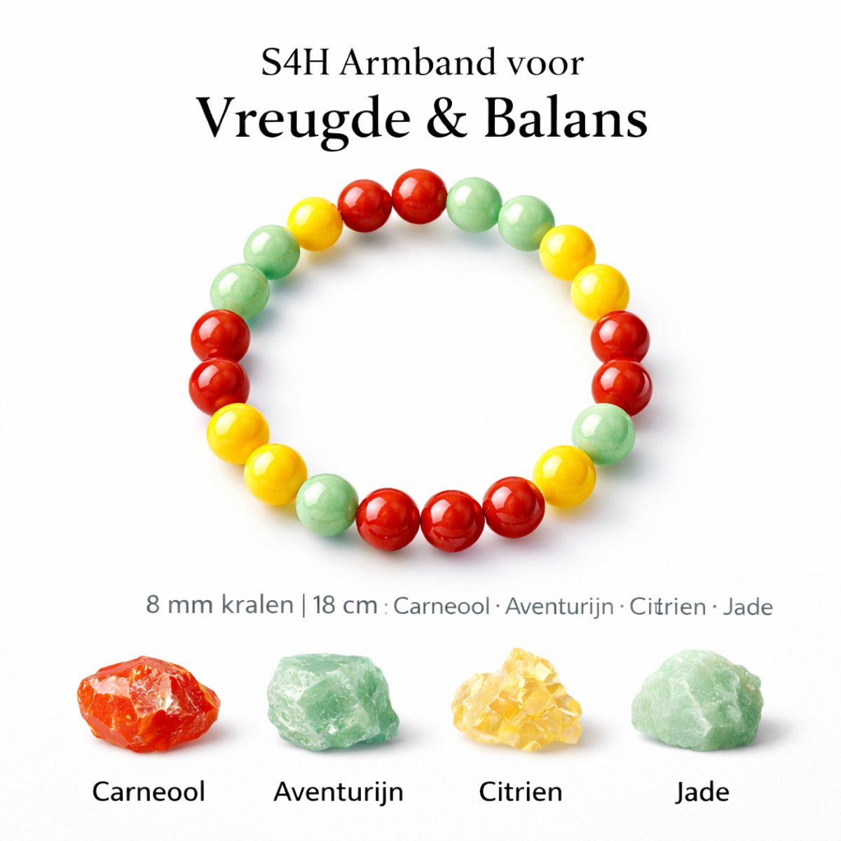 S4H Joyvolle Harmonie Armband – 8 mm Edelstenen Citrien, Aventurijn & Carneool – 17 cm – Liefde, Compassie & Groei – Handgemaakt Chakra Sieraad