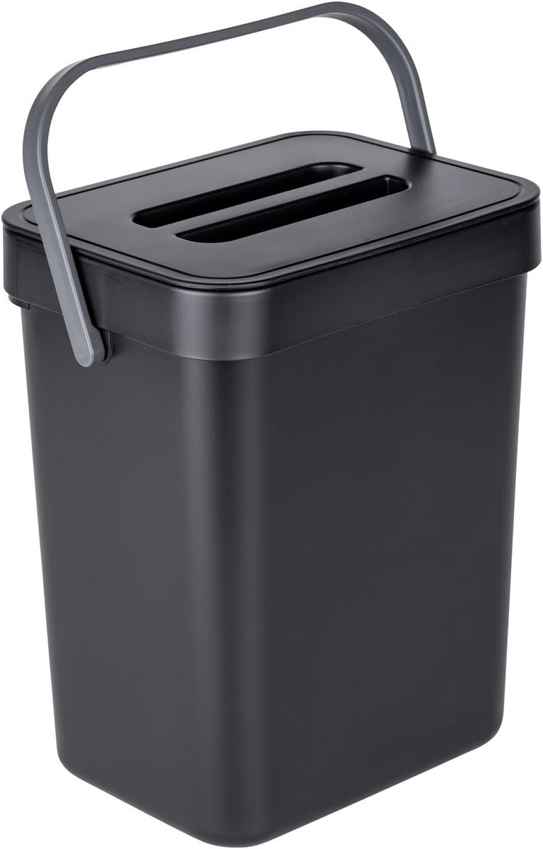 Compacte zwarte prullenbak met handvat en deurmontage optie - 5 liter