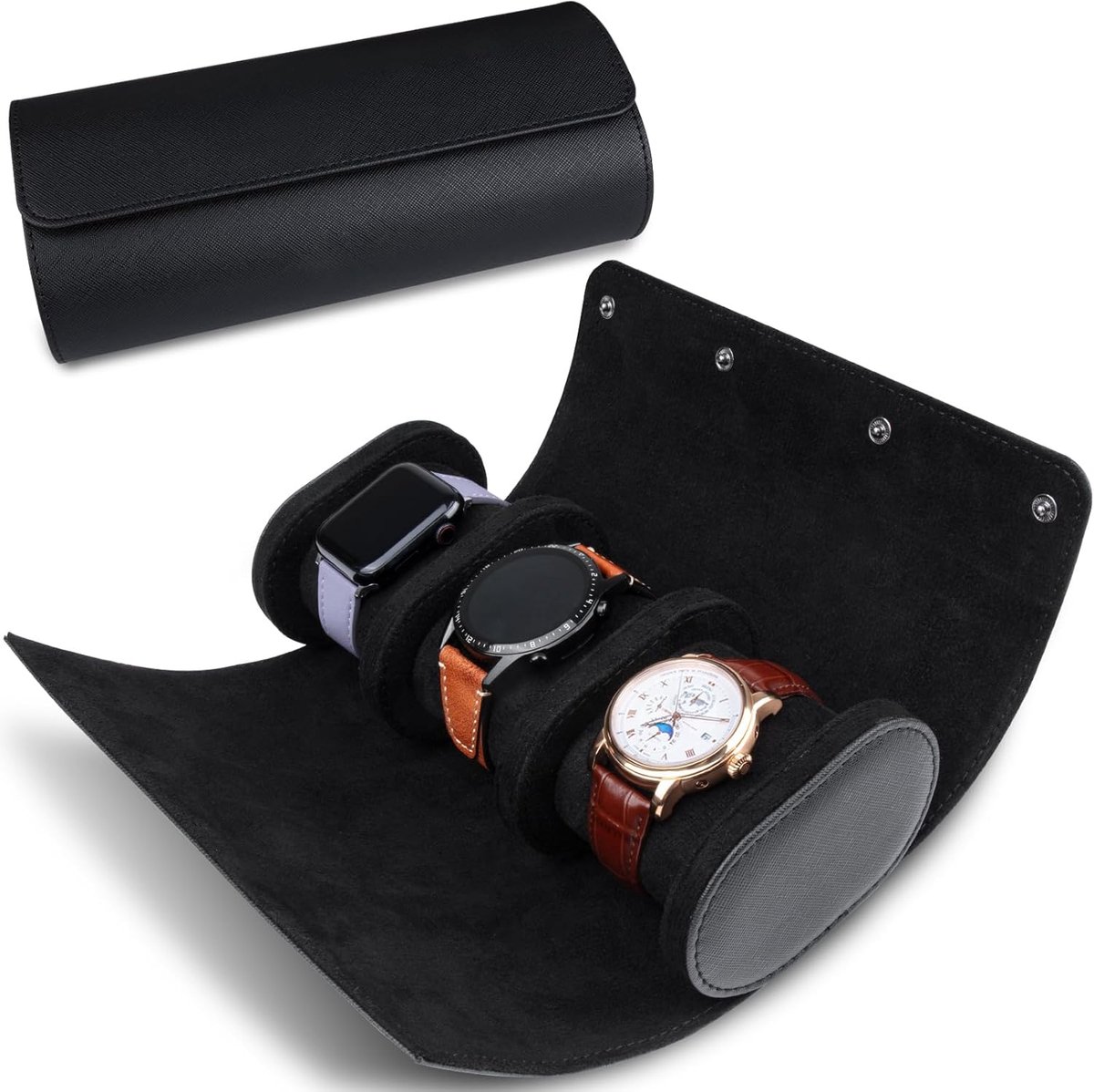 Luxe PU-lederen etui voor 3 horloge, opbergrol, ideaal als cadeauverpakking of horlogedoos voor een verjaardag,Zwart