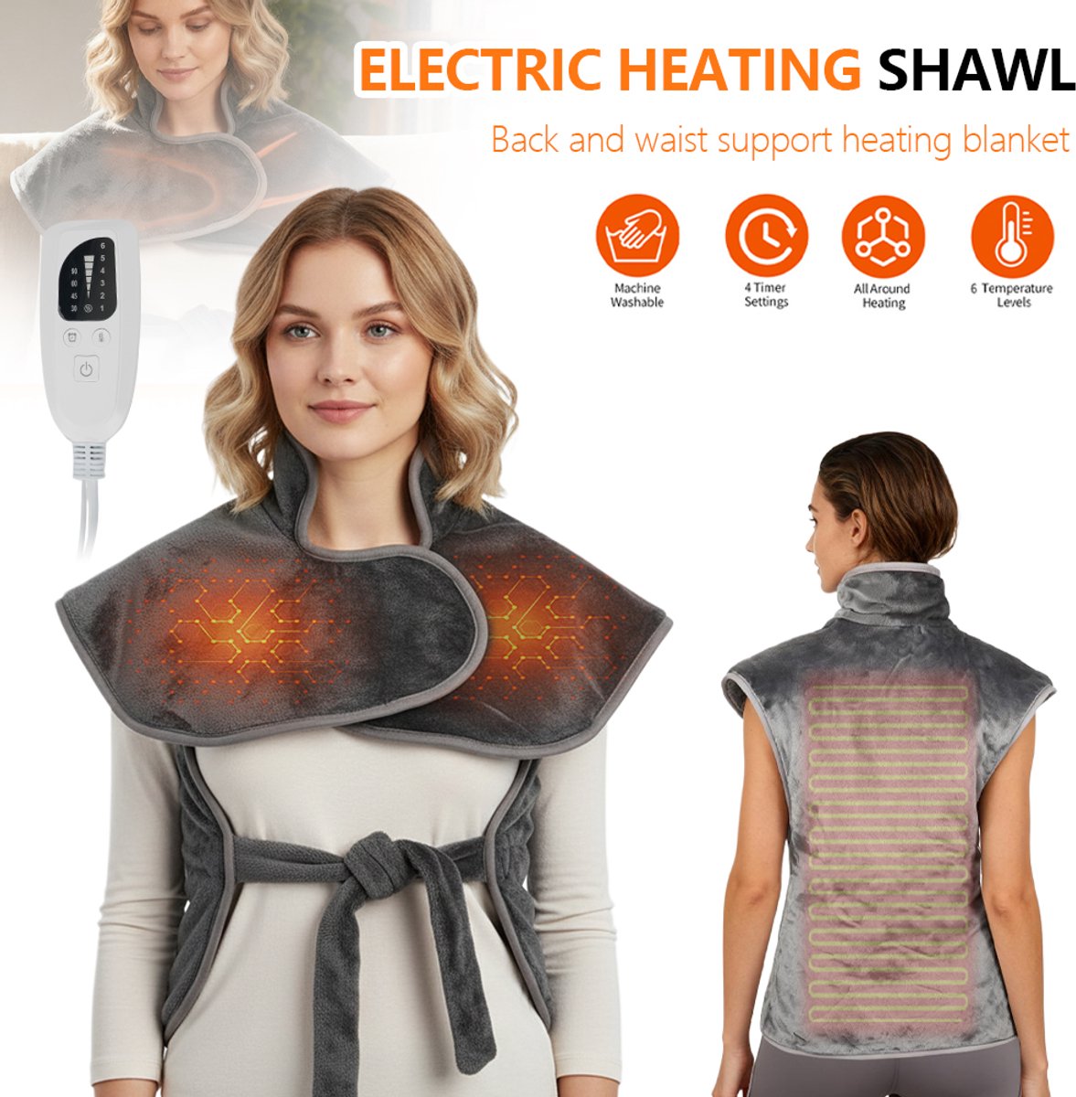 Elektrische Verwarmende Schouderdeken 94x61cm met 6 Warmtestanden